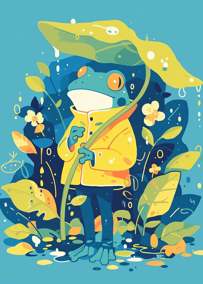 Frog in Raincoat with Leaf Umbrella