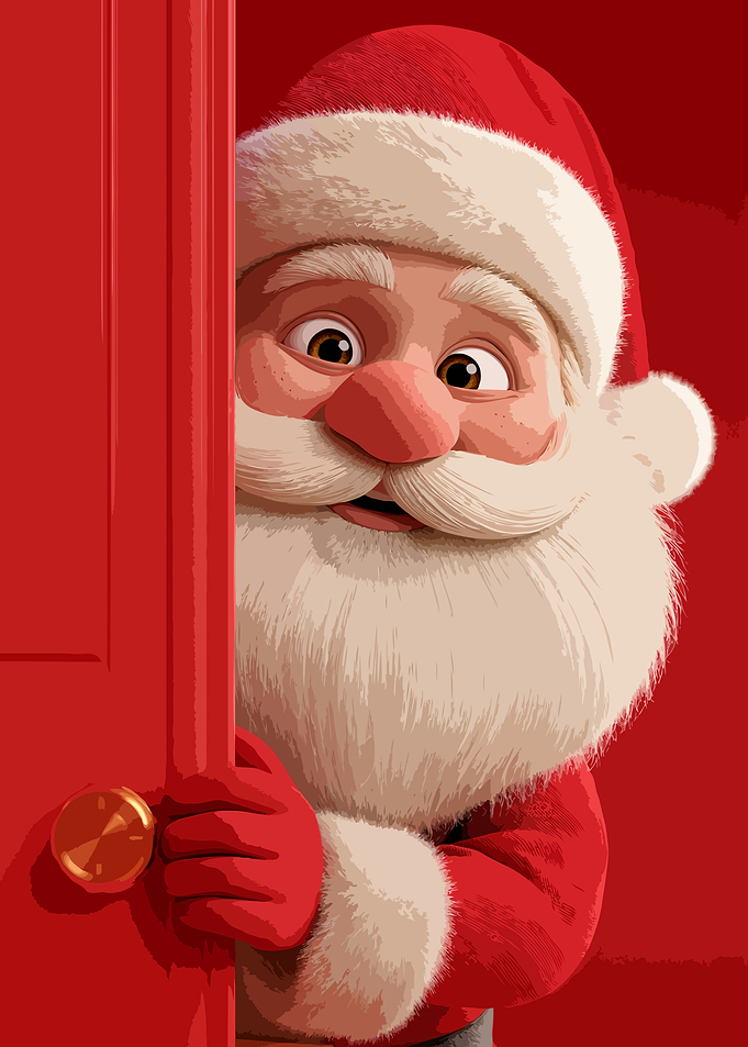Santa Claus Peeking Behind Red Door