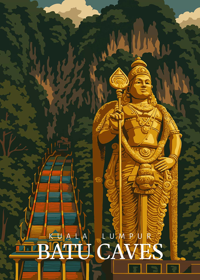 Batu Caves Vintage Travel Poster: Golden Murugan Statue, Malaysia Illustration