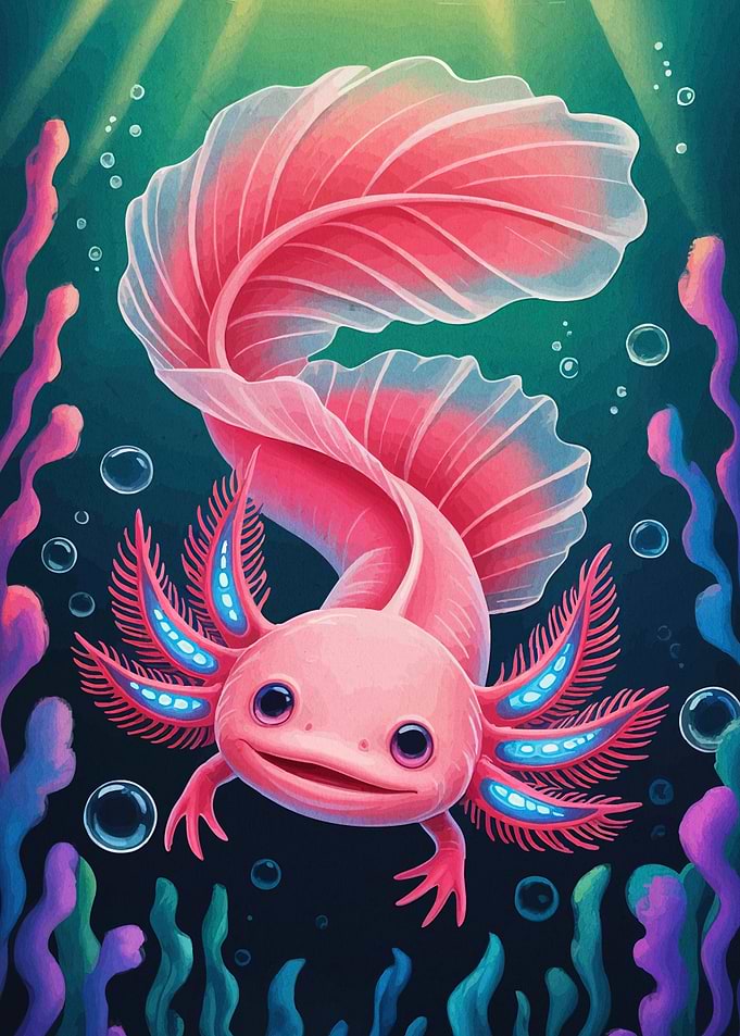 Cute Pink Axolotl in Underwater Scene