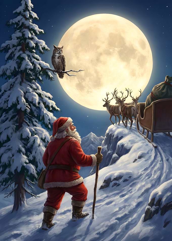 Santa Claus and Reindeer in Winter