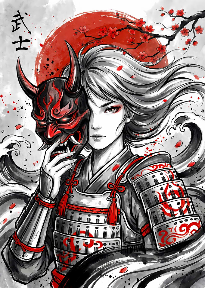 Samurai Girl with Oni Mask