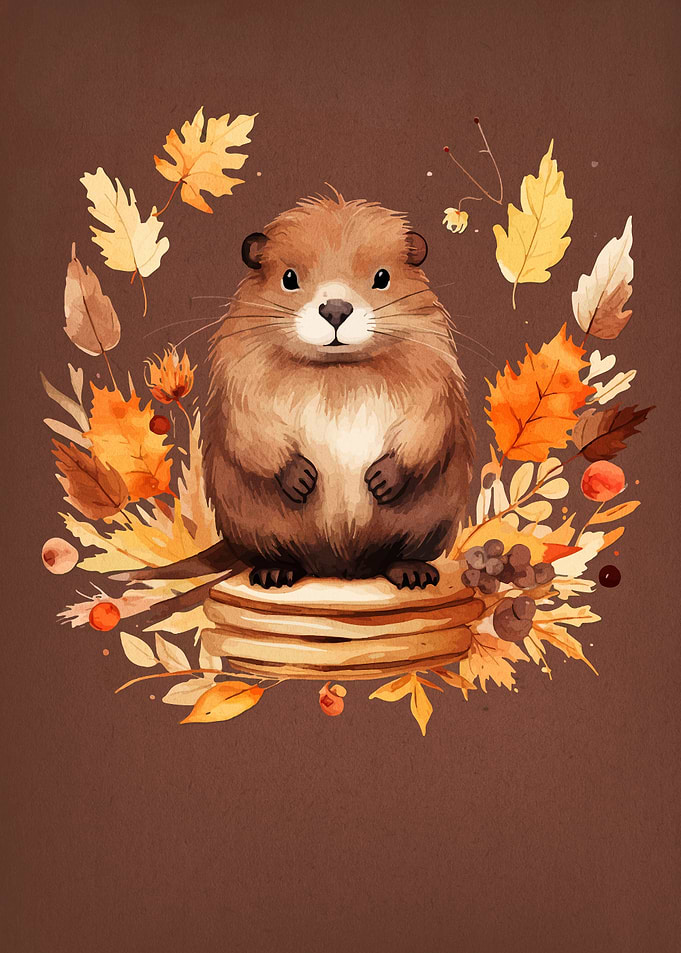Cute Beaver with Autumn Leaves
