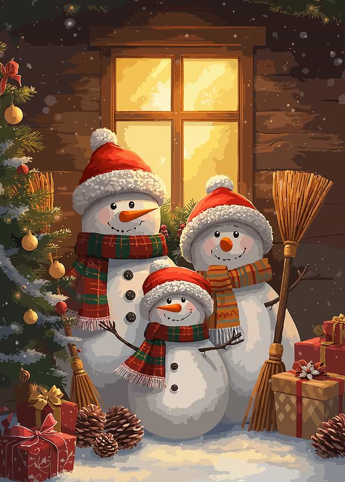 Snowman Family Christmas Scene
