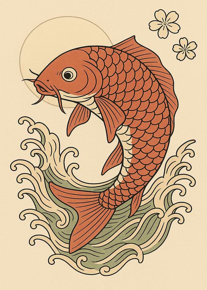 Koi Fish Illustration with Waves