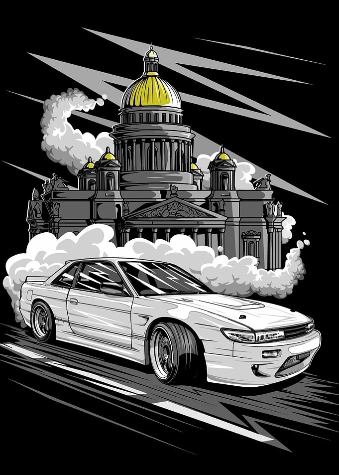 White Car Drifting in Cityscape Illustration