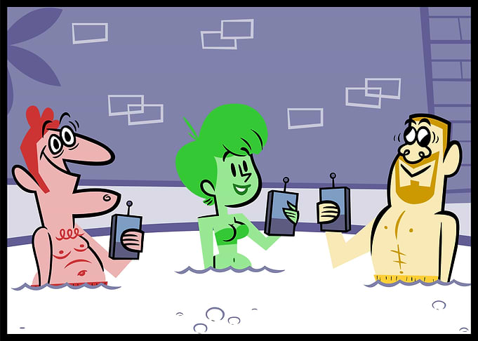 Cartoon characters in a hot tub