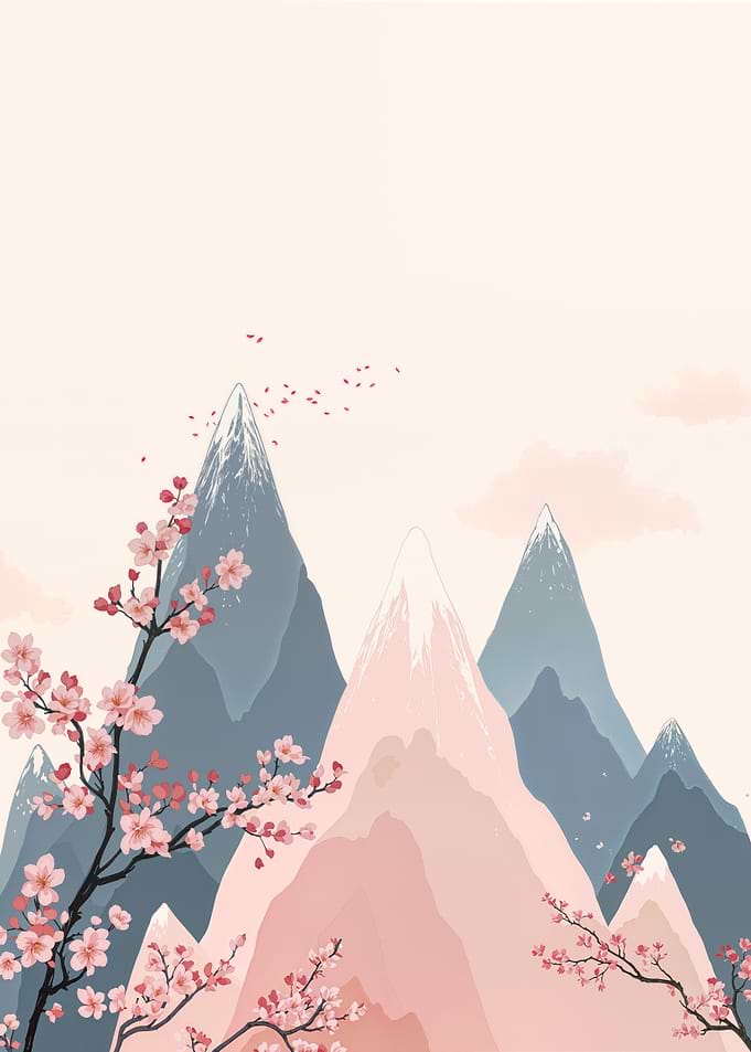 Cherry Blossoms and Mountain Peaks