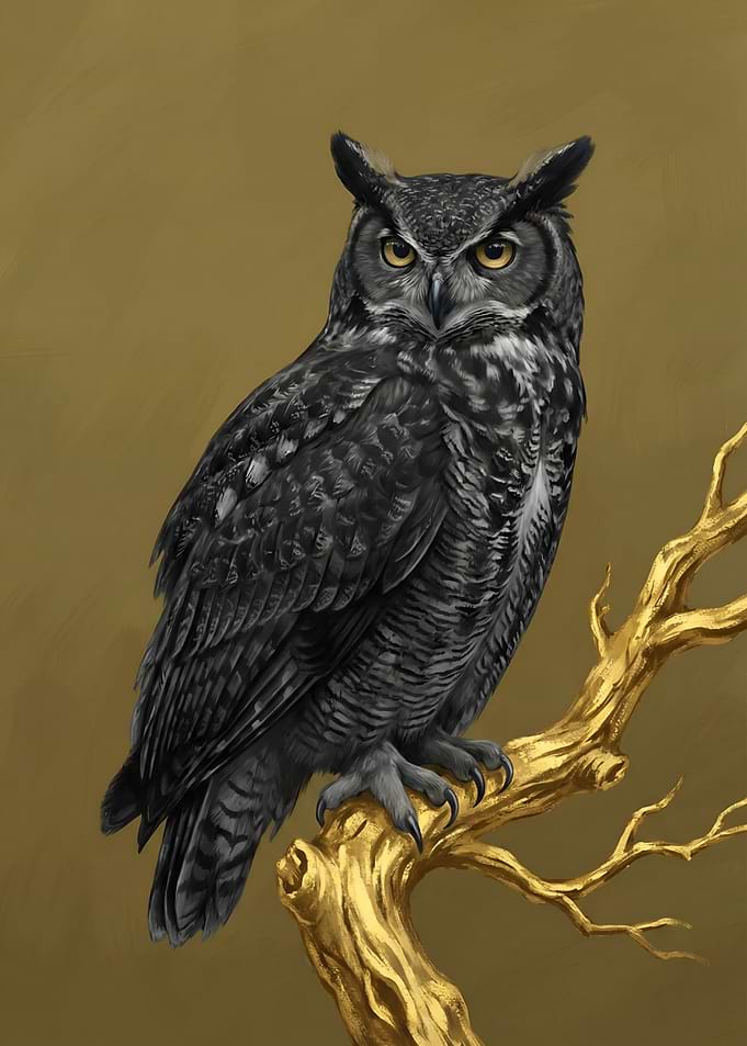 Great Horned Owl on Golden Branch
