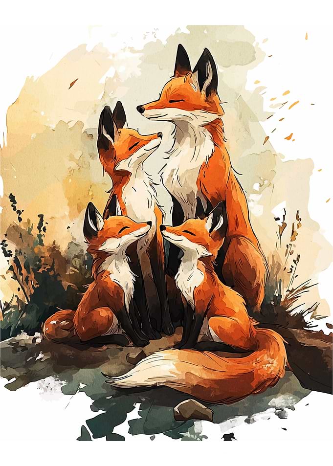 Fox Family Watercolor Illustration