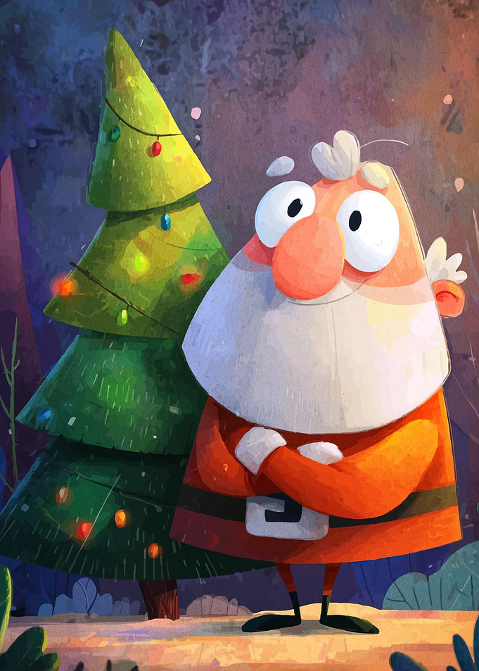 Cartoon Santa Claus with Christmas Tree