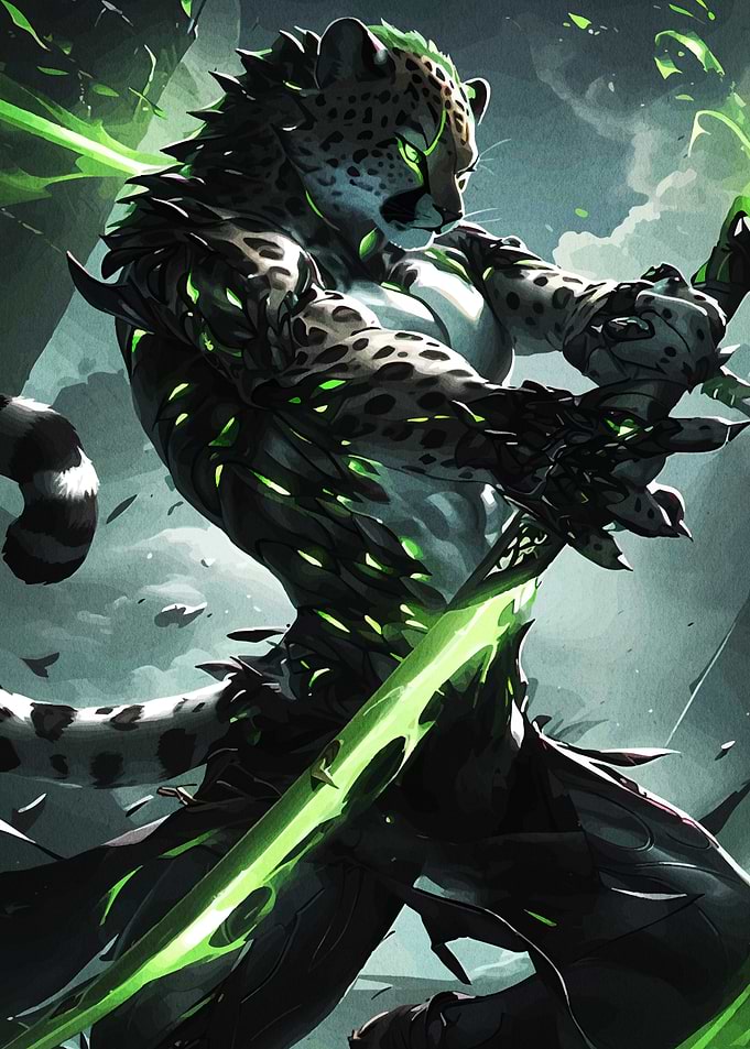 Anthropomorphic Jaguar Warrior Glowing Sword