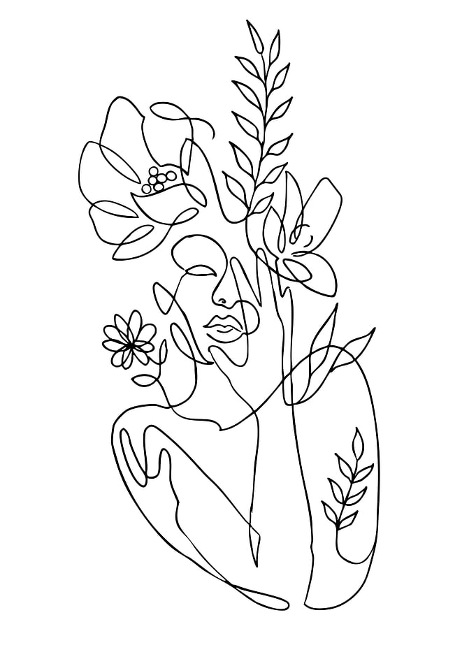Woman with Flowers Line Art
