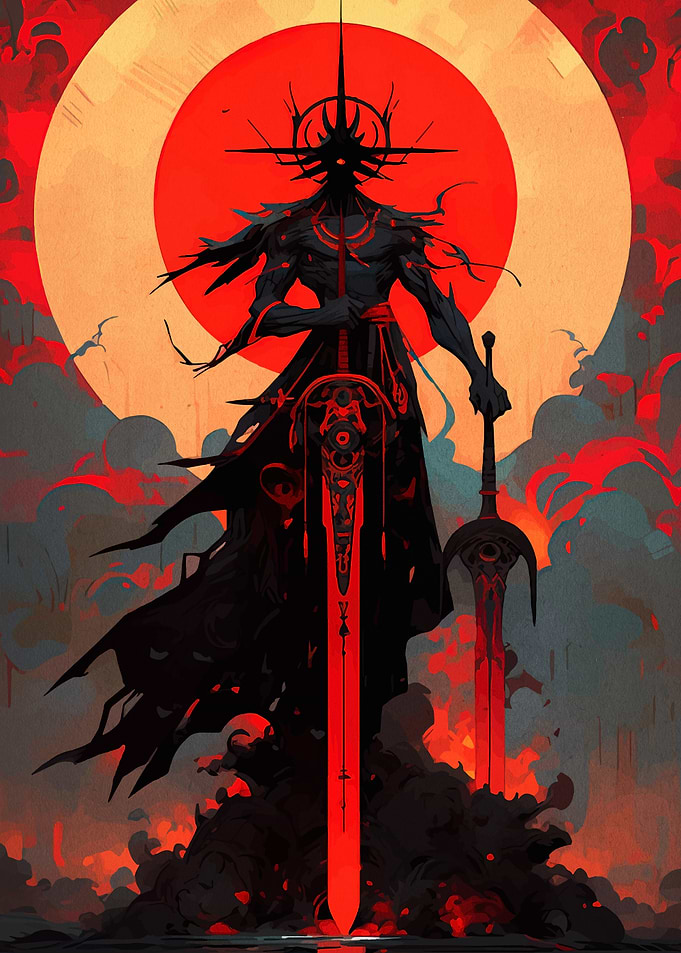 Dark Warrior with Swords and Red Moon