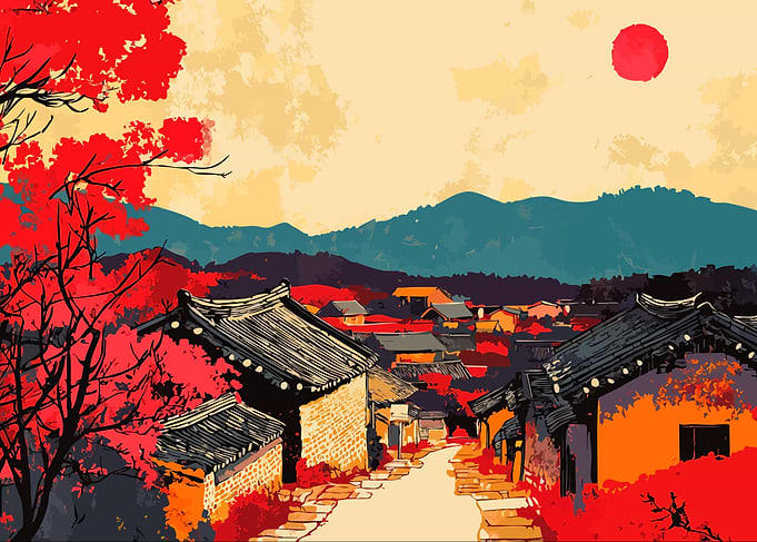 Korean Village Landscape Red Sunset Minimalist Abstract Art Illustration