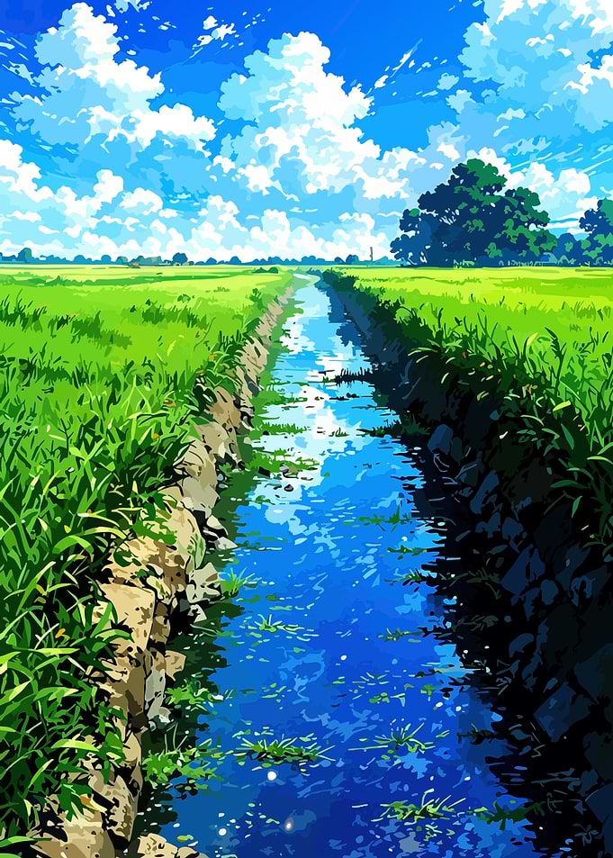 Rural Landscape with Stream and Clouds