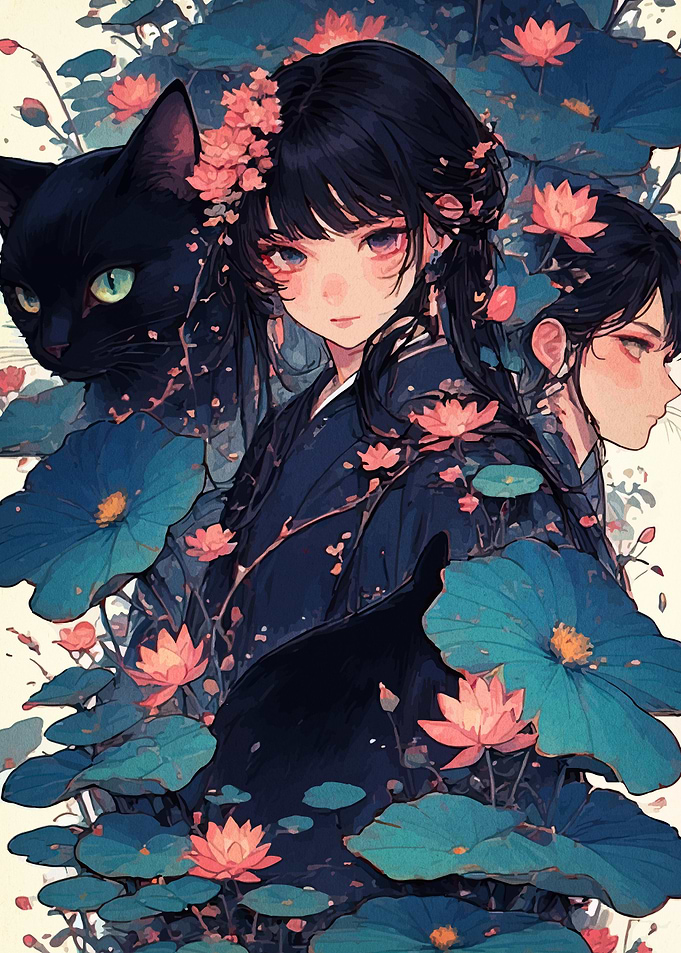 Anime Girl with Cat and Lotus