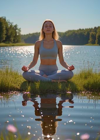 Woman Meditating by Lake