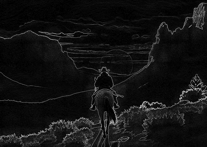 Cowboy on Horseback at Night