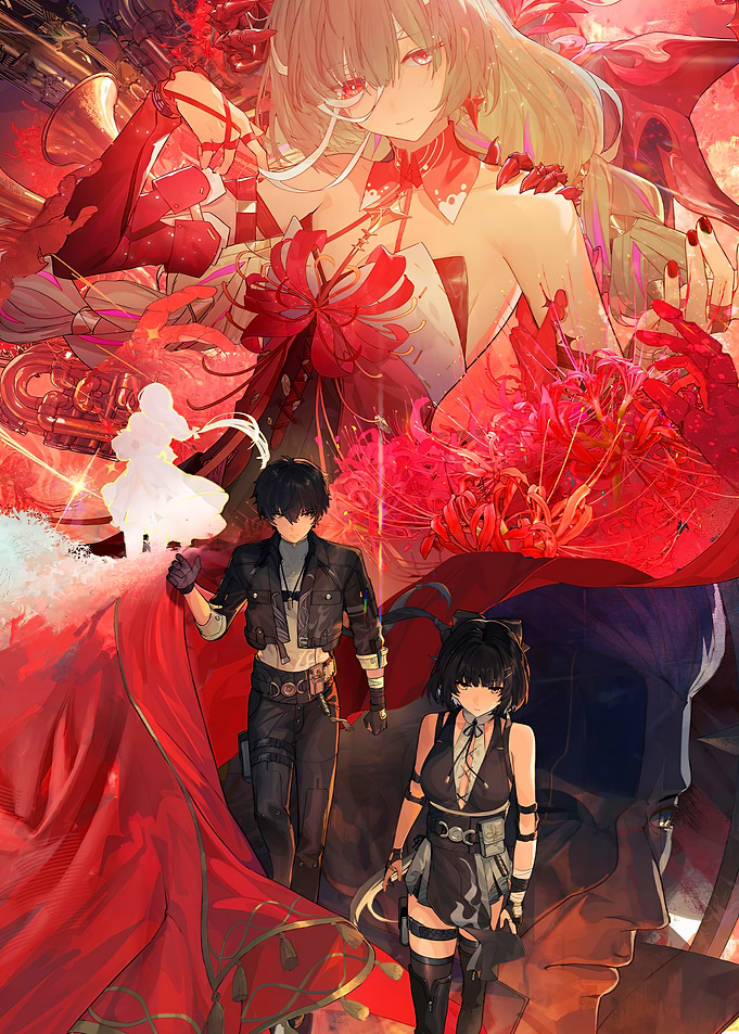 Anime Characters in Red Floral Setting