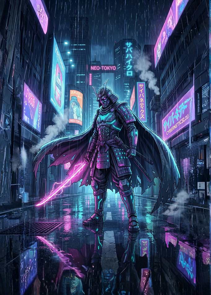 Cyberpunk Samurai in Neo-Tokyo Rain