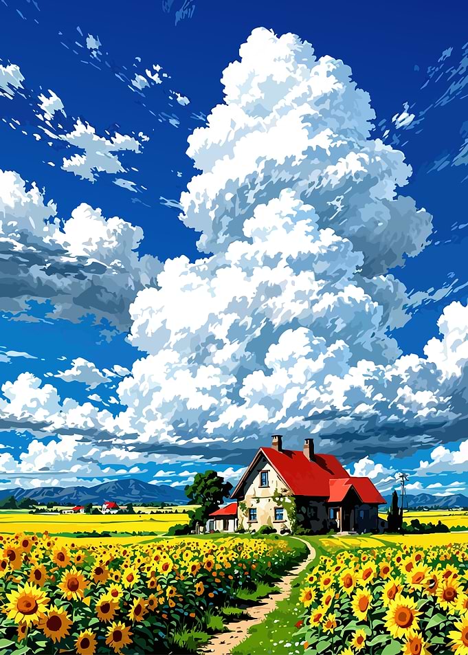 Sunflower Field House Anime Style