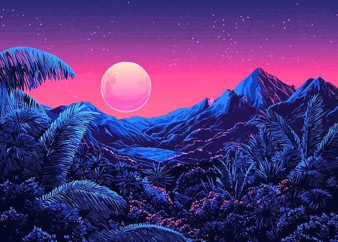 Retro Synthwave Landscape Tropical Minimalist Abstract Art
