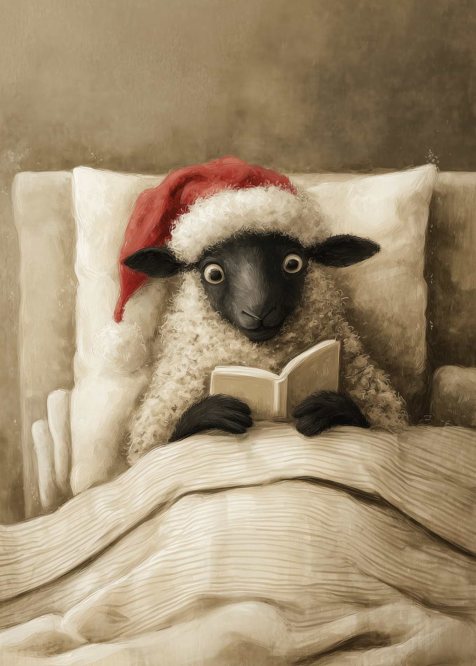 Christmas Sheep Reading In Bed