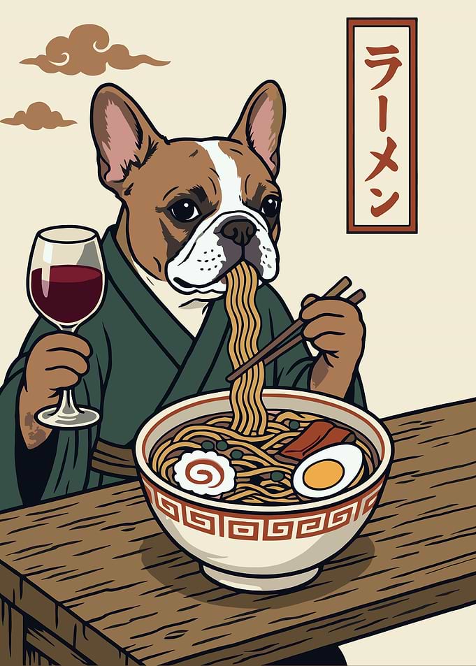 Dog Eating Ramen and Drinking Wine