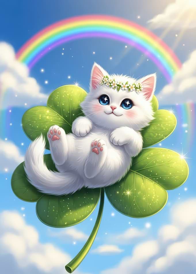 Lucky Cat on Clover with Rainbow