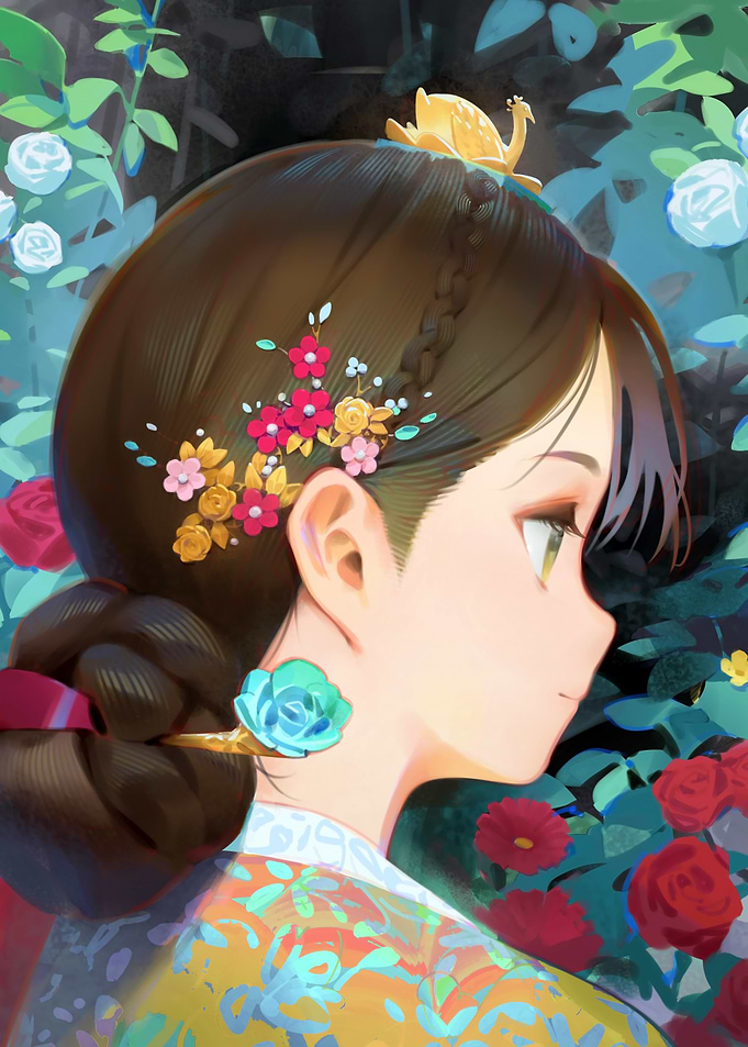 Anime Girl in Floral Garden