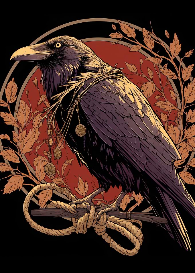 Raven with Coins and Rope Perch