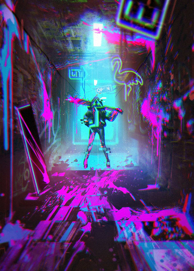 Cyberpunk Alleyway with Neon Figure
