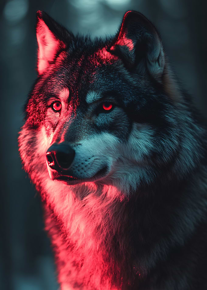 Wolf Portrait with Red Lighting