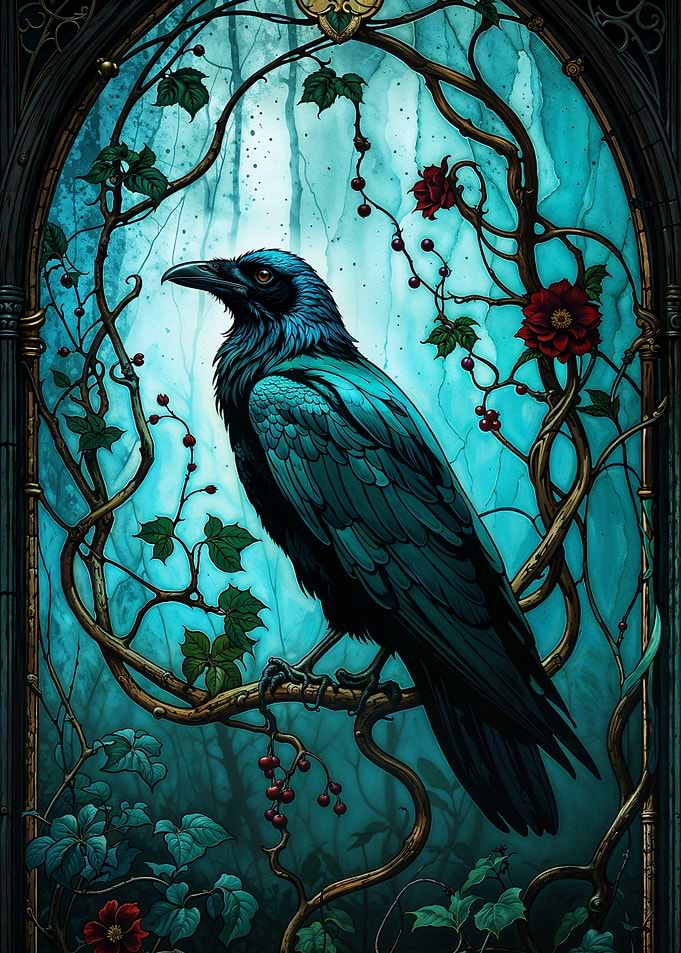Raven Perched in Floral Gothic Window