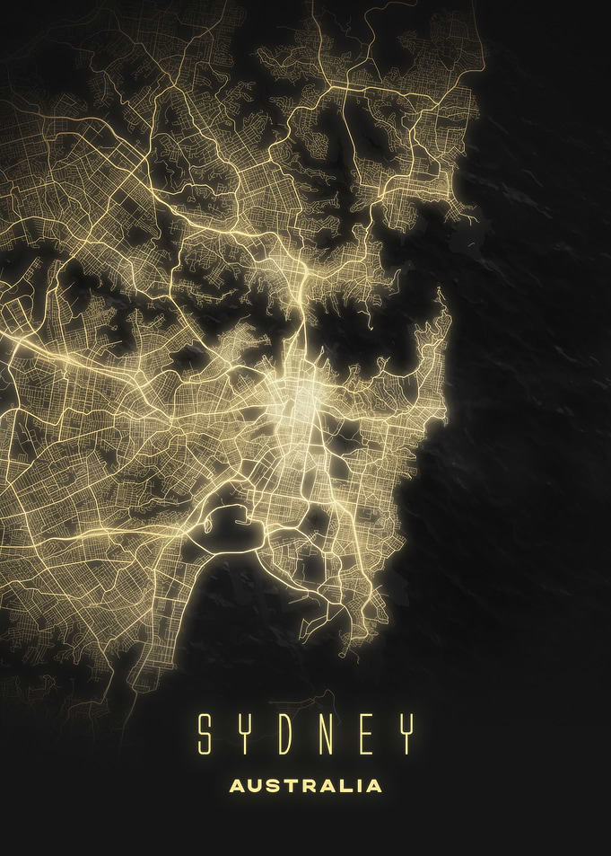 Sydney, Australia - Illuminated Night City Map Poster, Street Wall Art