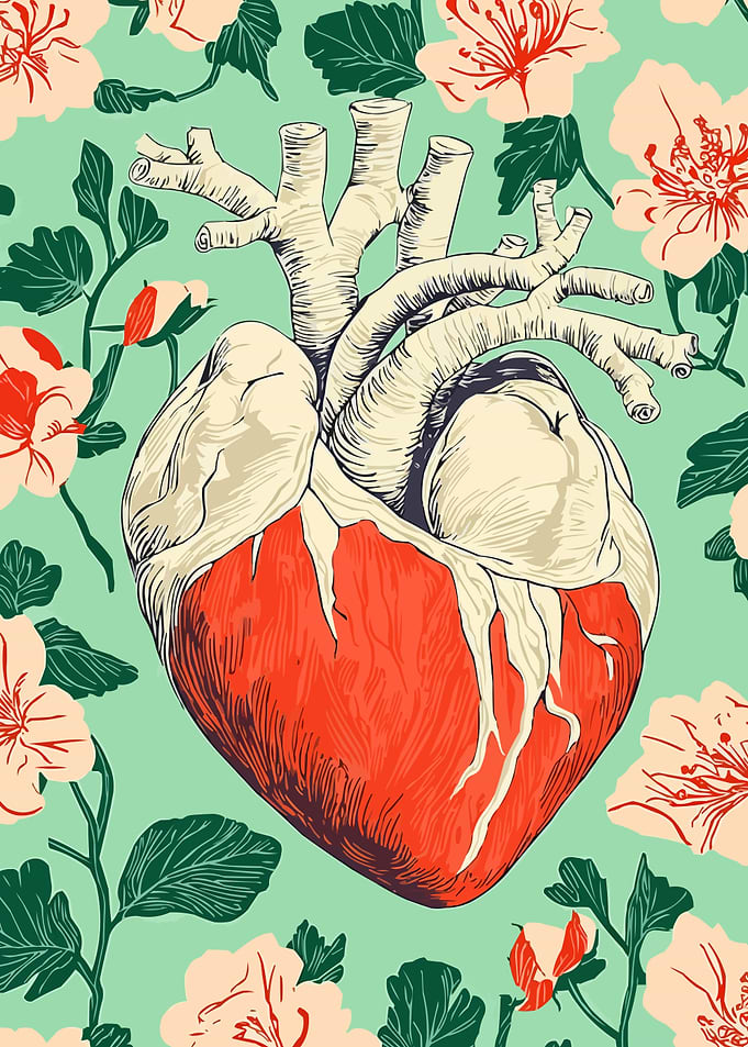 Anatomical Heart Floral Pattern Art