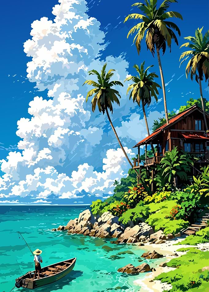 Tropical Island Fishing Scene