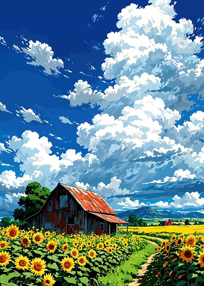 Sunflower Field with Barn and Sky