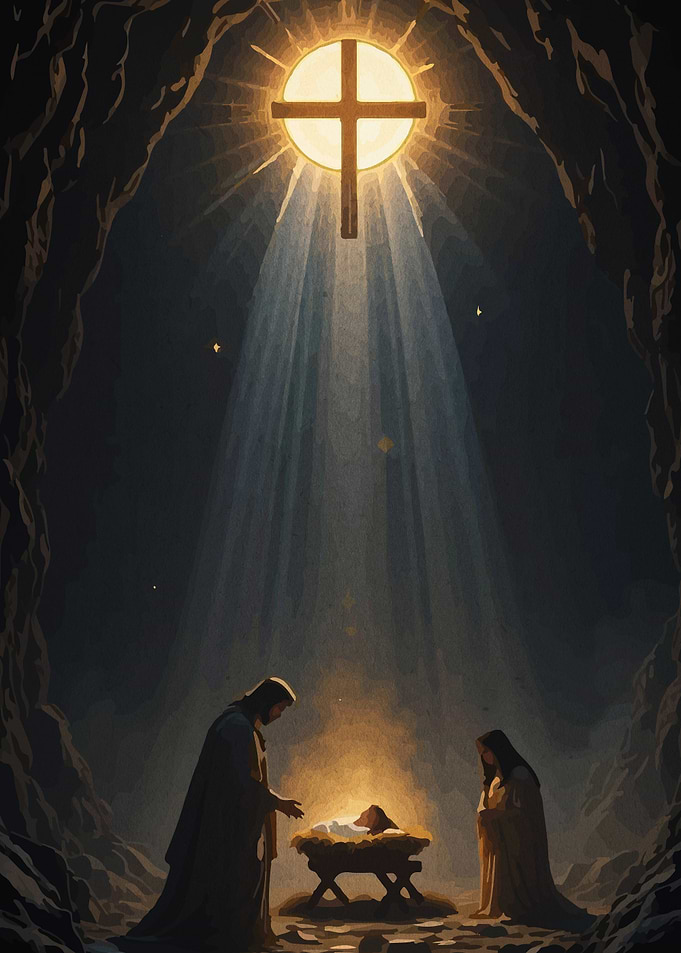 Nativity Scene with Cross and Light
