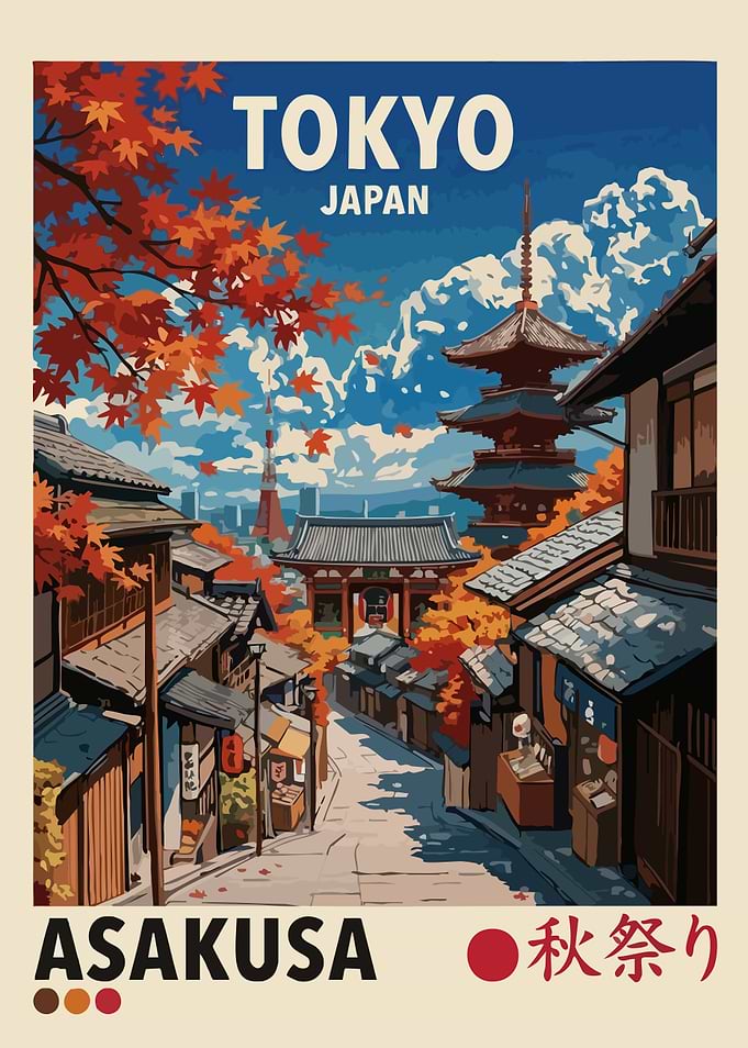 Tokyo Asakusa Japan Autumn Illustration
