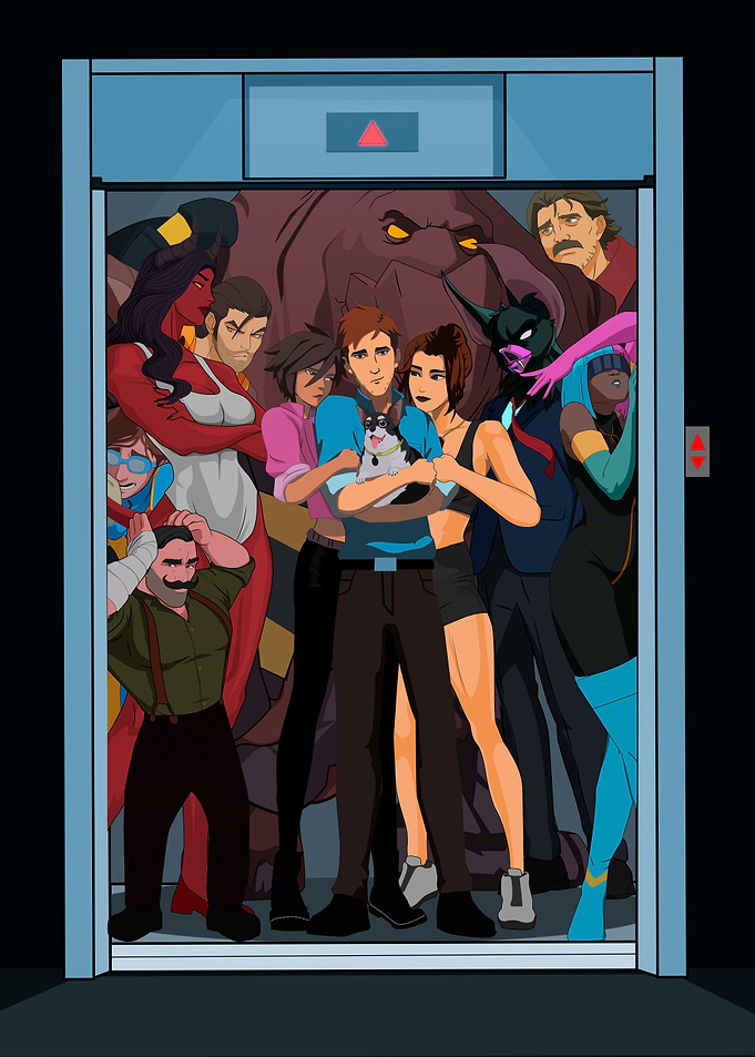 Crowded shift with Superheroes and Monster