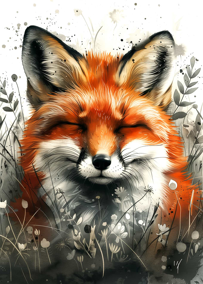Watercolor Fox Portrait with Closed Eyes