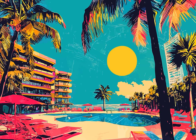 Tropical Resort Poolside Minimalist Art Illustration