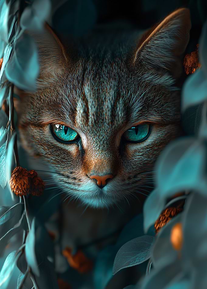 Cat with Turquoise Eyes in Foliage
