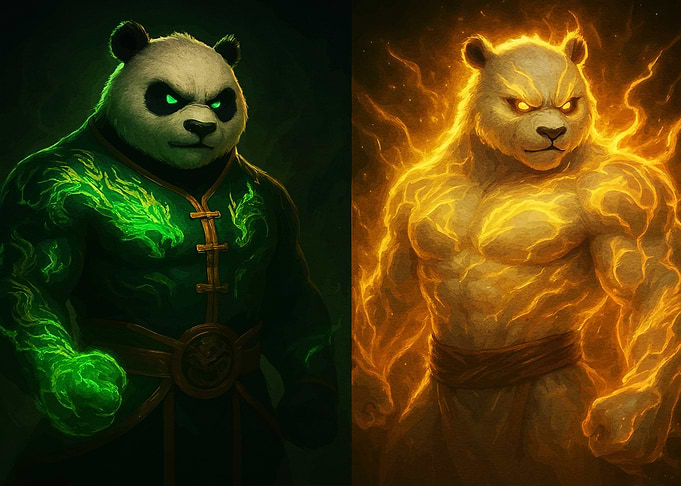 Dual Panda Warriors: Green and Fire
