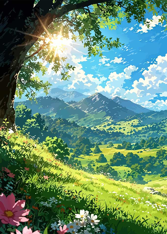 Lush Green Landscape with Flowers