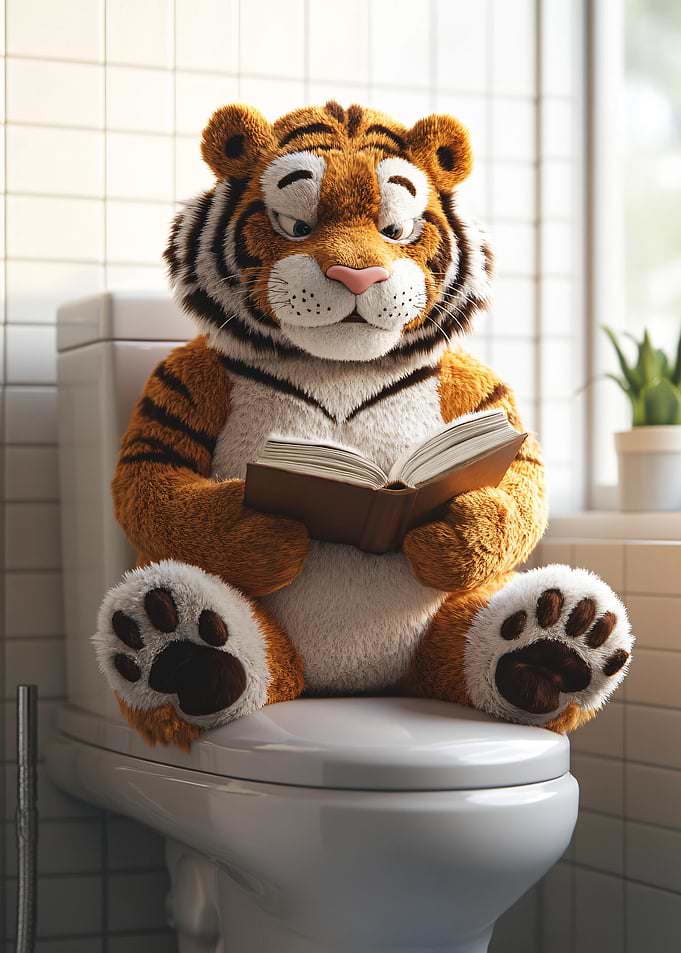 Tiger Reading on Toilet