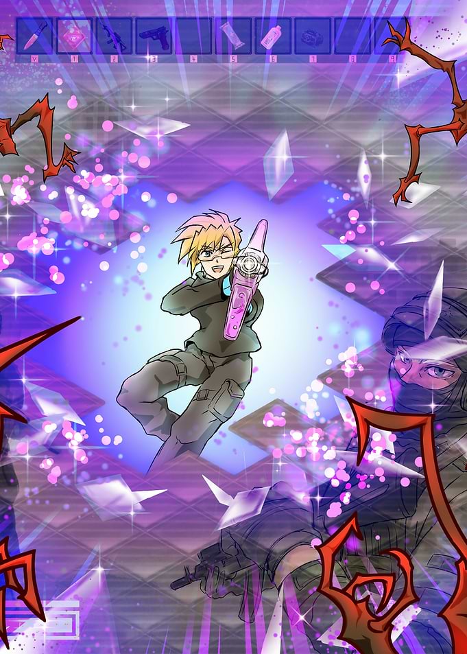 Anime-style action scene with two characters