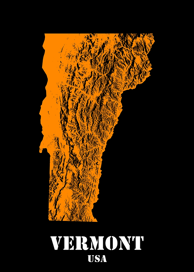 Vermont USA State Minimalist Black Orange Topographic Contour Relief Map featuring terrain in orange color